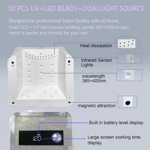 Vista 8 de Lámpara de uñas LED UV, inalámbrica, 120 W, recargable, luz UV para uñas de gel, luz portátil con temporizador, lámpara de curado de diamantes