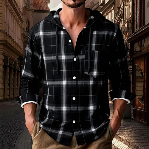 Vista 2 de Camisa a cuadros con botones para hombre, ligera, casual, de manga larga, ajuste holgado, UPF 50+, con capucha y protección solar