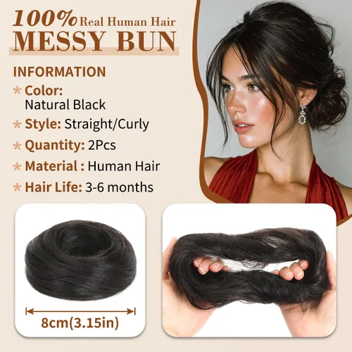 Vista 5 de 2 piezas de cabello humano real, color negro natural Negro (Natural Black)