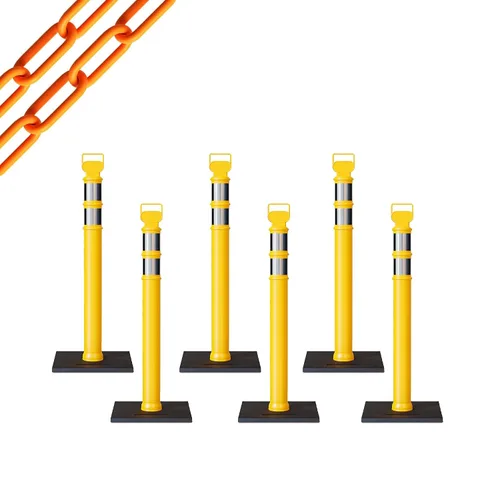 Vista 45 de CCW 6-Pack 45" Delineador Post Kit Kit de 3.0 in collares reflectantes, base de goma de 10 lb (6 postes blancos con cadena negra de 50 pies)