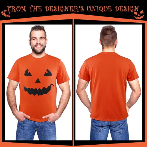 Vista 6 de Hicarer Camiseta de Halloween con cara de calabaza gigante, divertida camiseta unisex para fiesta de Halloween, disfraz para hombres y mujeres