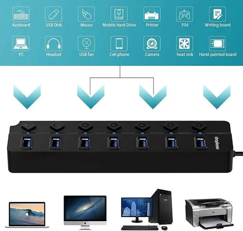 Vista 6 de Hub USB 3.0 de 7 puertos con interruptores de alimentación individuales y luces LED, divisor de concentrador de datos de alta velocidad