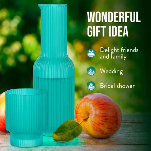 Vista 9 de American Atelier Juego de 2 jarras de agua de vidrio acanalado de 30 onzas con vaso, juego de 2 – boquilla fácil de verter de 10 pulgadas, taza