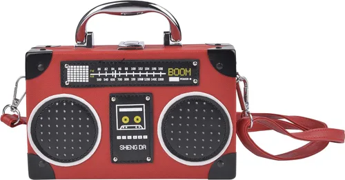 Vista 13 de QZUnique Bolso de hombro en forma de cinta con grabador de radio PU Crossbody bolso de noche retro para mujer, bolso de mano