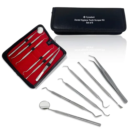 Vista 8 de CynaMed Kit de cuidado bucal de herramientas dentales (paquete de 3) – Púa dental de acero inoxidable, raspador de sarro, raspador, pinzas y espejo