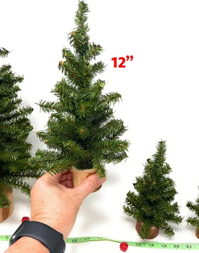 Vista 5 de Decoración de árbol de Navidad de mesa pequeña con base de madera real para escritorio, bandeja escalonada, repisa, pino artificial sin decorar