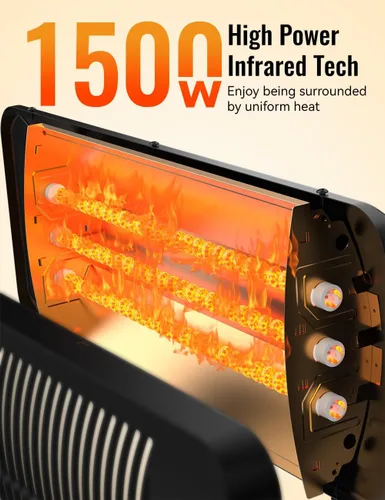 Vista 2 de Calentadores de exterior para patio, temporizador de 12 horas y 3 niveles de calor, calentador eléctrico impermeable IP54, cubiertas de calefacción
