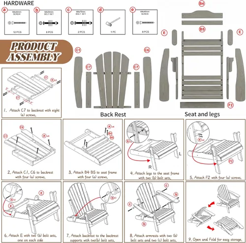 Vista 5 de Silla Adirondack plegable, de madera maciza, sillas para hogueras para todo tipo de clima, con respaldo premontado y tabla de asiento para terraza