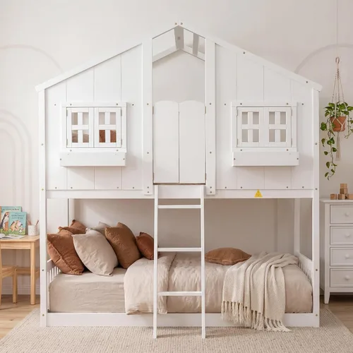 Vista 2 de VECELO Full Over Full House Bunk Bed with Safety Rail, Ladder, Windows & Doors, Solid Wood Playhouse Bunk Bed, No Box Spring Needed, White