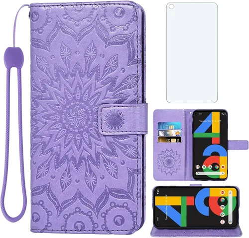Vista 8 de Asuwish Funda de teléfono para Google Pixel 4a 4G con protector de pantalla de vidrio templado, funda delgada de piel con diseño de girasol, soporte