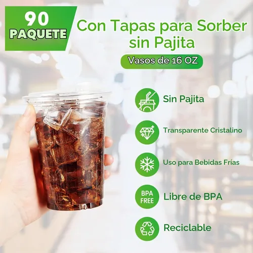 Vista 4 de Lilymicky Vasos de plástico transparente de 16 onzas (paquete de 90) con tapas para sorber sin pajita, vasos desechables para café helado, batido