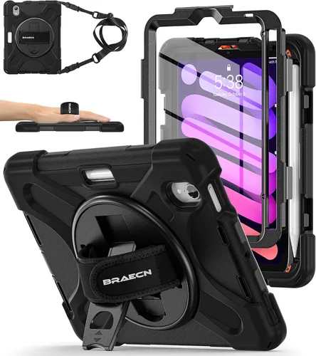 Vista 11 de BRAECNstock para Apple iPad mini 5/4 Funda 2019/2015 19,9 cm, Funda Protectora a Prueba de Golpes con Soporte para Lápices, Correa Giratoria