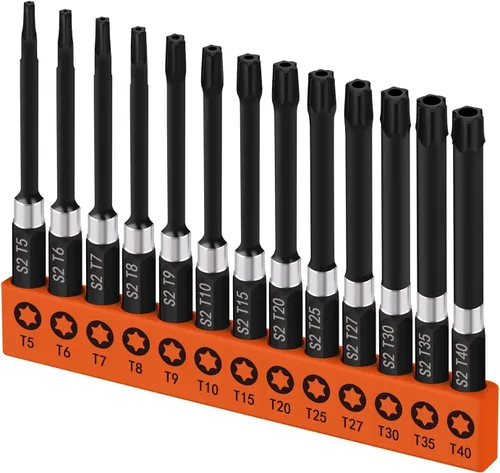 Vista 7 de HORUSDY 13-Piece Security Torx Bit Set, 3” Impact Rated Tamper-Resistant Star Bits, S2 Alloy Steel, 1/4” Hex Shank, T5–T40, Long Power Tool Driver
