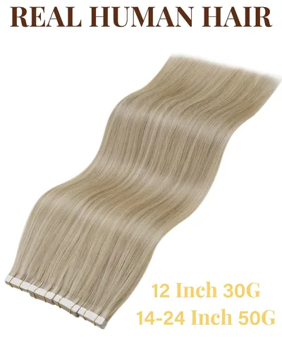 Vista 4 de 【Descuento】Hetto - Extensiones de cabello con cinta adhesiva, 40g, extensiones de cabello humano, color rubio ceniza oscuro degradado a rubio medio