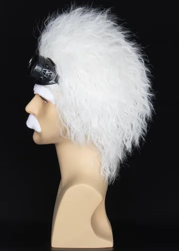 Vista 5 de Miss U Hair Mad Scientist - Juego de peluca y lentes de cejas con bigote, pelo blanco corto y rizado para disfraces de Halloween y cosplay