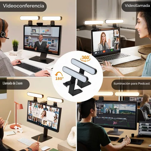 Vista 5 de yAyusi Iluminación de videoconferencia de doble lámpara, luz LED de transmisión con control remoto y táctil, iluminación de zoom para computadora