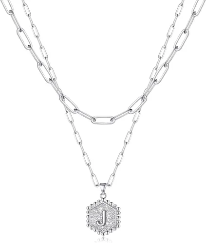 Vista 35 de M MOOHAM - Delicado collar de oro para mujer, de 14 quilates, en capas, lindos collares con letra hexagonal con inicial para mujer, regalos