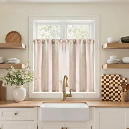 Vista 62 de Jinchan - Cortinas de lino a rayas para cocina, 24 pulgadas, beige, 2