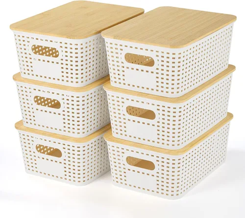 Vista 7 de Ohmlove 6 Pack Plastic Storage Baskets with Bamboo Lids for Organization Black