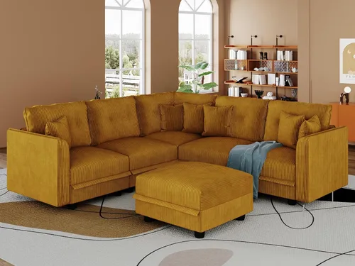Vista 26 de LLappuil Sofá Seccional Modular con Asientos de Almacenamiento, Sofá Modular Convertible de Pana Chaise para Sala de Estar, Sofás de 5 Plazas con 3
