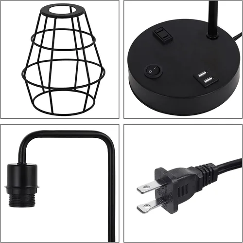 Vista 3 de BTY Juego de 2 lámparas de mesa USB Edison con puertos de carga USB duales y 2 clavijas de salida de CA, jaula de alambre de metal, lámpara de mesa