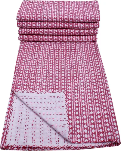 Vista 3 de Colcha con estampado de bloques indios Kantha, tamaño Queen, colcha de algodón puro (individual 90 x 60 pulgadas, beige)