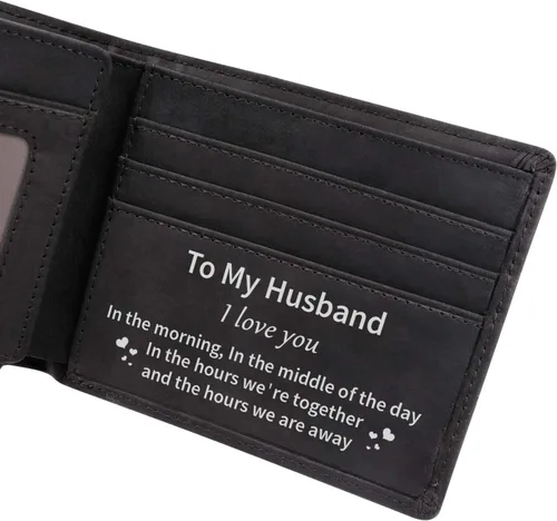Vista 2 de Kenon Cartera de cuero personalizada para hombres, con bloqueo RFID grabada, billetera elegante para marido, hijo, papá, cumpleaños, San Valentín