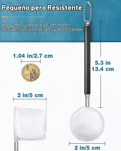 Vista 3 de Red de acuario Pawfly - Red de 5,1 cm para camarones y peces bebés con mango de acero inoxidable extensible para peceras pequeñas y estanques