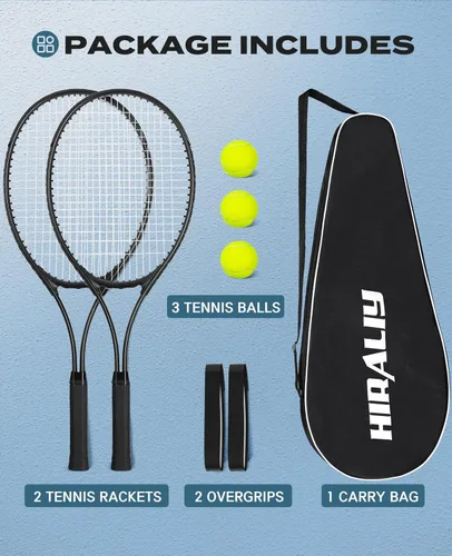 Vista 2 de HIRALIY Juego de raquetas de tenis de 27 pulgadas para adultos, raquetas de tenis preencordadas para 2 jugadores, 2 cintas de sobreagarre, 3 pelotas