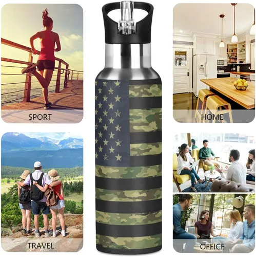 Vista 5 de ALAZA Botella de agua con diseño de bandera estadounidense con diseño de camuflaje grunge con tapa de pajilla, botella térmica de acero inoxidable