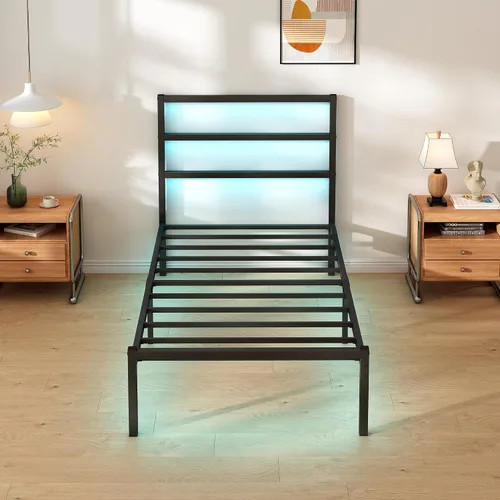 Vista 4 de CLIBFENG Base de cama individual con cabecero, soporte de listones de acero resistente, marco de cama LED con estación de carga USB, base de colchón