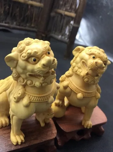 Vista 6 de Feng Shui - Par de estatuas de perros Fu Foo, adornos de estatua de Kylin de madera maciza, protección de energía malvada, estatua de Pixiu/Piyao