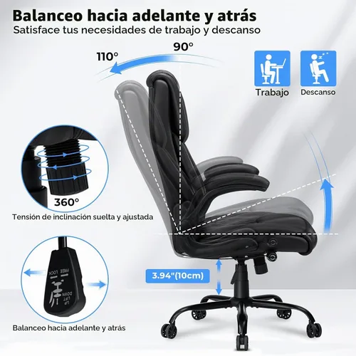 Vista 6 de Silla de oficina grande y alta de 450 libras, silla de escritorio ejecutiva Negro