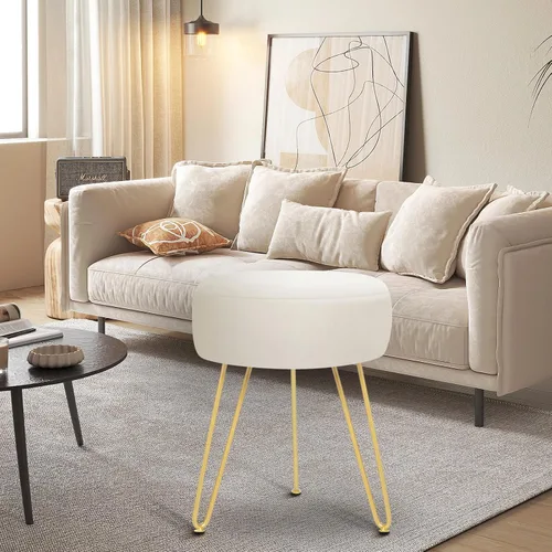 Vista 4 de Reposapiés de terciopelo suave y moderno, reposapiés redondo, otomano, con patas de metal dorado y relleno de esponja, reposapiés tapizado, sala
