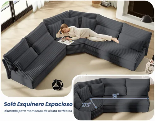 Vista 6 de Sofá modular de 5 plazas, sofá esquinero en forma de L de 102 pulgadas, sofá de pana de gran tamaño con cojines de 2 capas para sala de estar gris