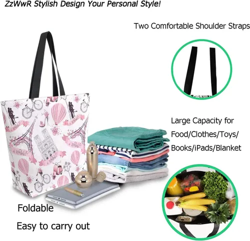 Vista 3 de ZzWwR Elegante bolsa de hombro extragrande con estampado para viajes a la playa, fin de semana, gimnasio, compras de comestibles.., Paris Eiffel