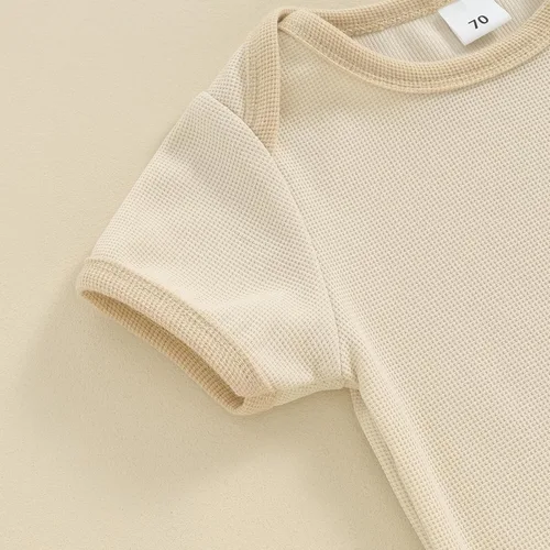 Vista 3 de Ropa de verano para recién nacido, ropa acanalada de manga corta, pantalones cortos de cintura elástica sólida, traje de primavera