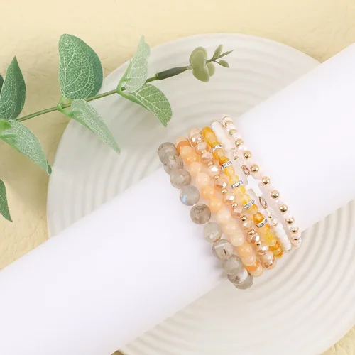 Vista 6 de Pulseras bohemias apilables de cuentas para mujer con dije de cruz, 6 pulseras elásticas de cuentas de piedra natural, cuentas de cristal de perlas