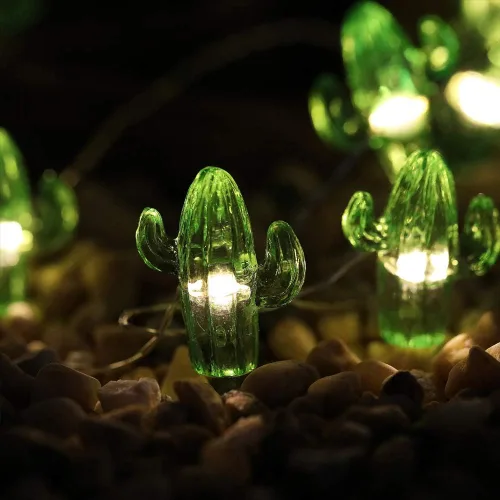Vista 3 de Guirnalda de luces decorativas con diseño de cactus tropicales, 14.2 in, 40 ledes de luz blanca cálida, resistente al agua, funciona con 8 modos