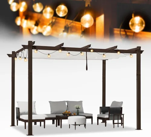 Vista 35 de PURPLE LEAF Pérgola de 10 x 12 pies con toldo retráctil, pérgola cuadrada de bronce de aluminio para patio al aire libre, junto a la piscina, beige