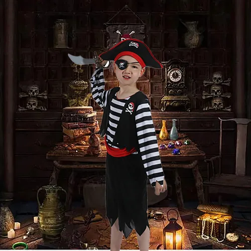 Vista 4 de Disfraz de pirata para niños con sombrero, parche en el ojo, Cutlass