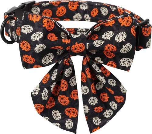 Vista 7 de Lionet Paws Collar de Halloween para perro, lindo collar de algodón ajustable para otoño con corbatín para perro pequeño, mediano y grande, regalo