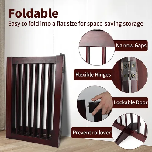 Vista 5 de Puerta de madera independiente para mascotas, puerta para mascotas para perros, valla de madera de 4 paneles de 29.5 pulgadas con 2 soportes, puerta