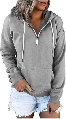 Vista 4 de Kainawee Sudadera con capucha y media cremallera para mujer, con cordón, atlética, moderna, con bolsillo frontal, manga larga, para otoño
