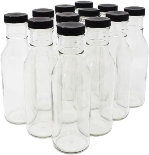 Vista 5 de nicebottles Botellas de vidrio transparente para bebidas/salsas, 12 onzas, tapas negras, caja de 12