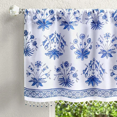 Vista 14 de Saffron Marigold Cortina de cenefa impresa a mano con ribete de cuentas, velo de novia blanco, perfecta para cocina, dormitorio, baño, comercio