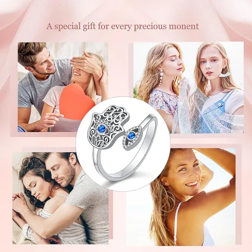 Vista 5 de Hamsa Hand of Fatima Lotus Evil EyeLove HeartButterflyRose Spoon Adjustable Open Rings 925 Sterling Silver Statement Ring Jewelry Gifts for Women