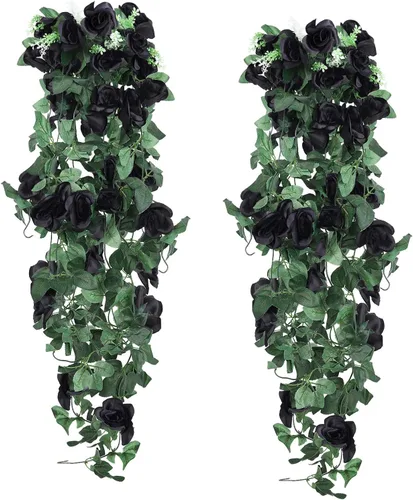 Vista 13 de RECUTMS - Guirnalda de flores artificiales colgantes de rosas negras, 2 guirnaldas florales falsas de 3.3 pies con 30 luces LED para pared