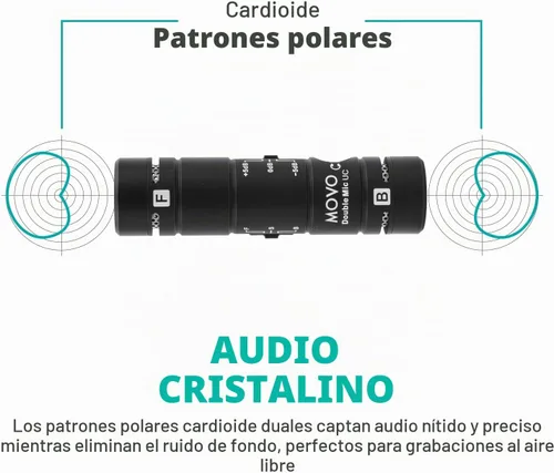 Vista 3 de Movo DoubleMic-UC - Micrófono de teléfono de doble cápsula para dispositivos USB-C, condensador cardioide de dos caras, micrófono de escopeta