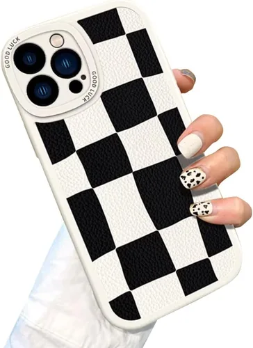 Vista 7 de Casechics Funda compatible con iPhone, diseño estético retro clásico a cuadros, tablero de ajedrez a cuadros, protección de lente de la cámara Negro